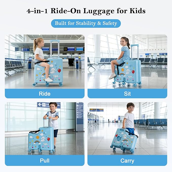 Ride on Suitcase for Kids, Hard Shell Kids Luggage with Belt, Foldable Pedal & Front Grab Handles, Hidden Cup Holder, TSA Lock, 6 Spinner Wheels, Kids Carry on Suitcase for Travel, Blue
