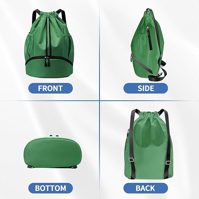 JELUTAR Drawstring Backpack Gym Bag with Shoes Compartment for Soccer, Basketball, Swim, Water-Resistant String Backpack Beach Cinch for Women Men, Dark Green