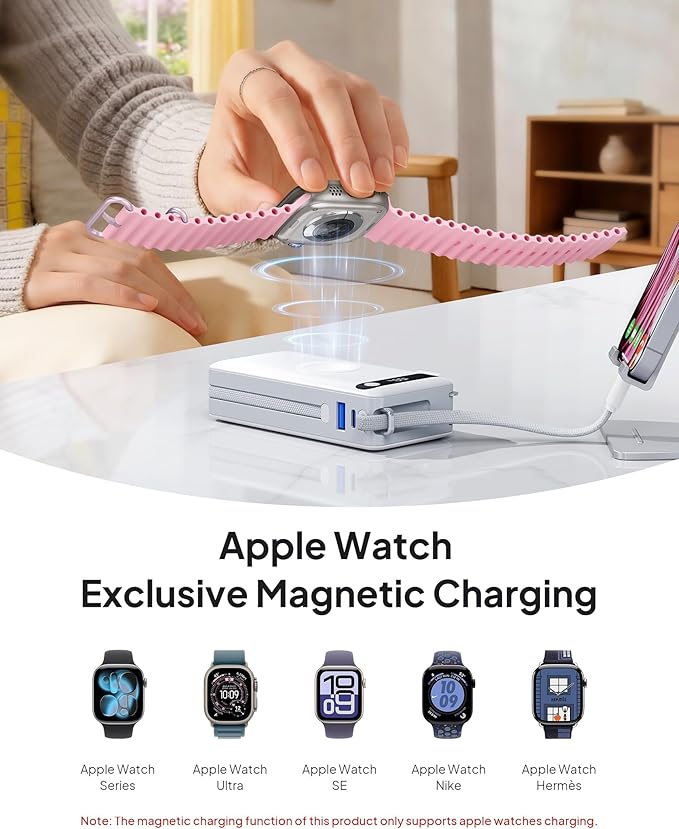 BREEKET Nano Power Bank, 10000mAh Portable Charger with Built-in Cables & Wall Plug, 5 Outputs 22.5W USB C Fast Charging Travel Battery Pack for iPhone 17/16/15/14, Apple Watch Ultra/11/10/9/8/7/6/SE