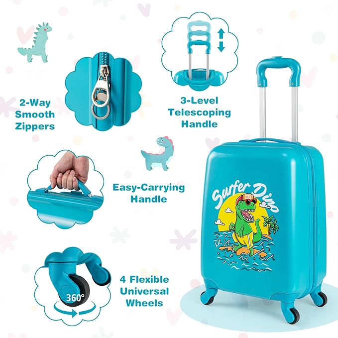 BABY JOY 2 PCS Kids Luggage, 16” Carry-on Hardshell Suitcase with Wheels & Hardside Backpack for Boys Girls, Airline-Approved Toddler Travel Luggage Set (Dinosaur)