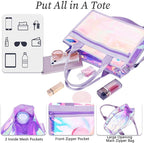 Fammart Iridescent Clear Beach Bag for Women, Jelly Tote Bag Waterproof Sandproof Pool Bag Cruise Vacation Essentials