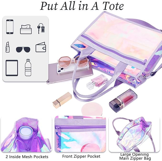 Fammart Iridescent Clear Beach Bag for Women, Jelly Tote Bag Waterproof Sandproof Pool Bag Cruise Vacation Essentials