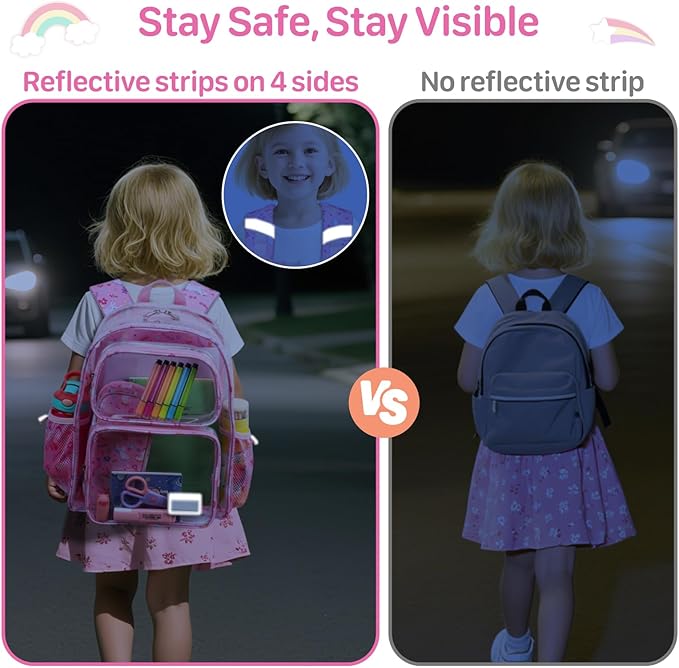 Bagseri Clear Backpack for Girls - 15 Inch Heavy Duty Kids Clear Bookbag for Kindergarten to Grade 2, Transparent School Bag with Reflective Strip, Fits Folders, Pink Unicorn