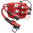 JSAUX 3-in-1 USB-C Cable 2-Pack 10FT, 100W Right Angle Fast Charging Cord with USB-A Adapter for iPhone 16/15, Galaxy S25/S24, iPad, MacBook, Steam Deck - Red