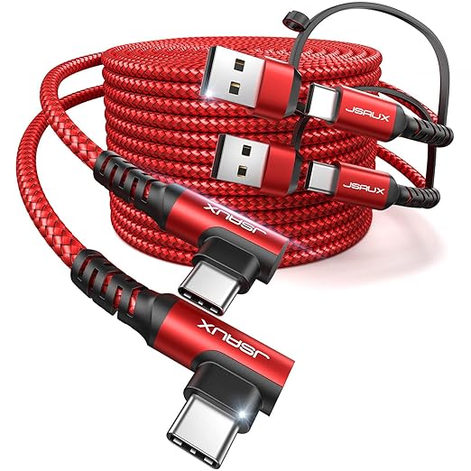 JSAUX 100W USB C Cable [2-Pack 6.6FT], Right Angle Fast Charging Cord with USB A to C Adapter for iPhone Air/iPhone 17/ iPhone 17 Pro/iPhone 17 Pro Max, iPhone 16/15, Samsung, MacBook, iPad - Red