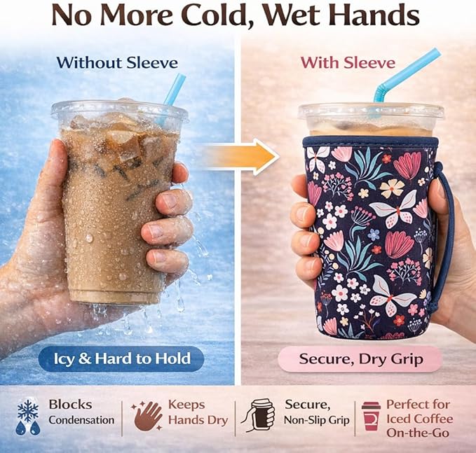 KJQJLY 3 Reusable Iced Coffee Sleeves for Iced Coffee Cups or Drinks Reusable Neoprene Insulated Sleeves for Hot and Cold Drinks from Starbucks, Dunkin, And More (Butterfly Bush)