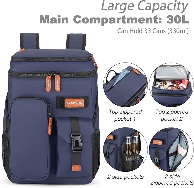 BAGPARKK Insulated Cooler Backpack,33/45 Cans Multifunctional Double Deck Leakproof Cooler Bag with Sternum Strap,Large Capacity Lightweight Travel Camping Beach Backpack