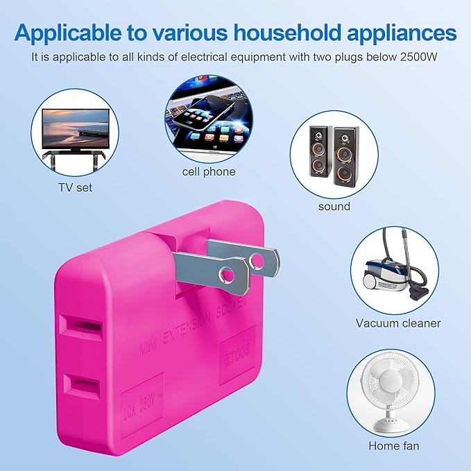 ETwinCoo 3 Way Flat Wall Plug Extender AC Adapter - 2-Prong Swivel Mini Multi Plug Outlet, Rotatable Socket (Quick & Easy Install) Perfect for Home and Travel, Type A, Rose Red (2 Pack)