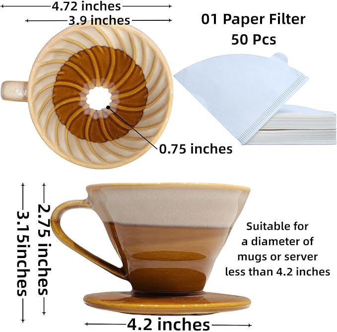 Handmade Ceramic Pour Over Coffee Dripper with 50 Pcs Coffee Filters - Portable Drip Coffee Brewer for Travel, Camping, Office or Home - Artisanal Pottery Gift for Enthusiasts