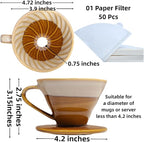 Handmade Ceramic Pour Over Coffee Dripper with 50 Pcs Coffee Filters - Portable Drip Coffee Brewer for Travel, Camping, Office or Home - Artisanal Pottery Gift for Enthusiasts