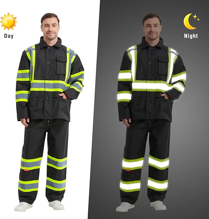 ProtectX High Visibility Waterproof Rain Gear for Men and Women, Hi Vis Reflective Safety Rain Jacket and Pant Suits Workwear