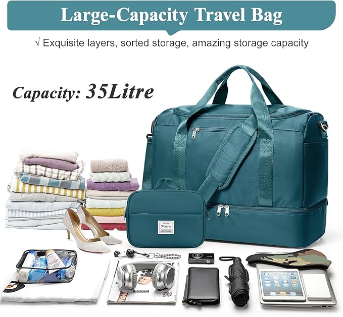 Travel Duffel Bag for Women, Carry-on Overnight Weekender Bags with Wet Pocket & Toiletry Bag, For Spirit Airlines 18x14x8 Personal Item Bag,Small,Peacock Blue