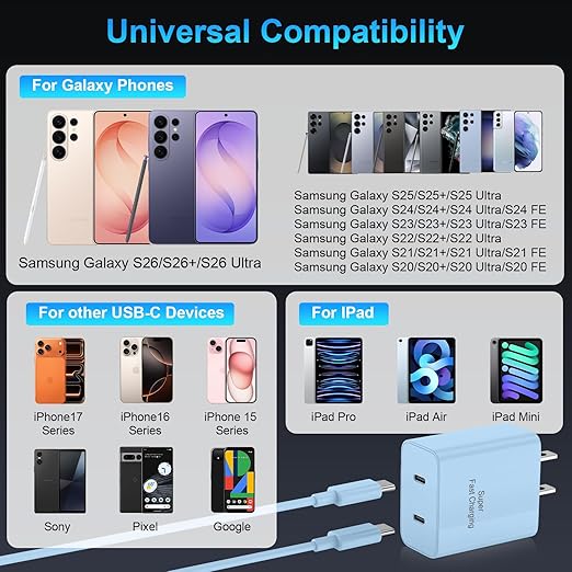 iPhone 17 16 15 Charger Fast Charging, 45W Dual USB C Phone Charger Block with 10FT Long Type C Cable Cord for Apple iPhone 17/Pro/Pro Max/17 Air/16 Pro/16 Pro Max/15 Plus/15 Pro/iPad/S26 Ultra(Blue)