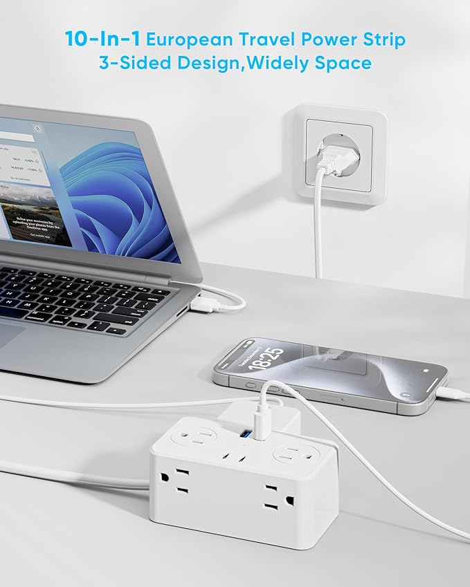 Kakyanill European Travel Plug Adapter, Type E F Plug Adapter, 6 AC Outlets, 4 USB Ports (2 USB C), 3ft Wrapped Around Extension Cord, for Germany France Travel