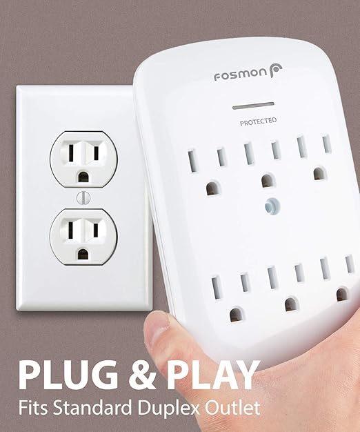 Fosmon 6-Outlet Power Strip Surge Protector 1200 Joules, Wall Mount Adapter Tap, Multi-Plug Outlet Wall Charger Extender, Charging Station, ETL Listed for Home, Dorm Room & Office (2 Pack) - White