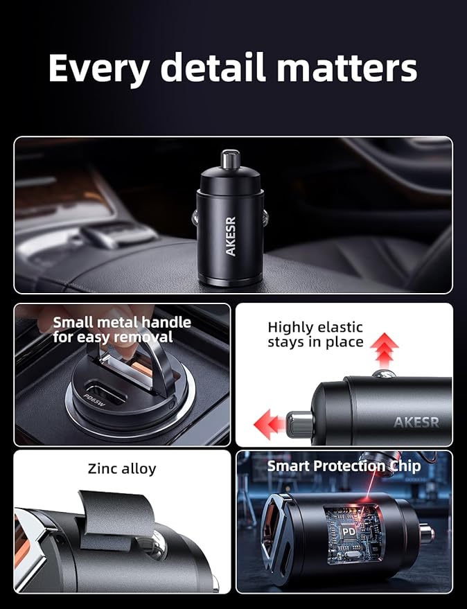 AKESR 65W USB C Car Charger Fast Charging，12V USB Outlet Accesorios para Carro，Cigarette Lighter USB Charger，Car Phone Charger for iPhone/17/16/15/14/13 Samsung S25 S24 S23Google Android