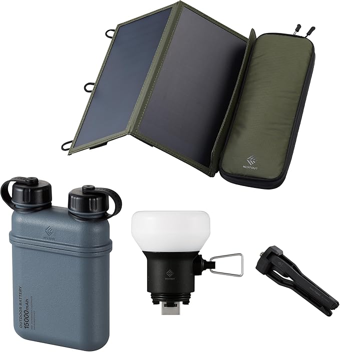 ELECOM NESTOUT 15000mAh Outdoor Power Bank + 2-Panel Solar Panel Charger + LAMP-1 LED 300 Lumen Soft Lantern - Blue Gray