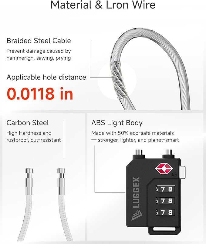 LUGGEX TSA Locks for Luggage, Suitcase Locks TSA Approved, Luggage Locks, Ease of Use & Durable(Silver Cable,2 Pack)