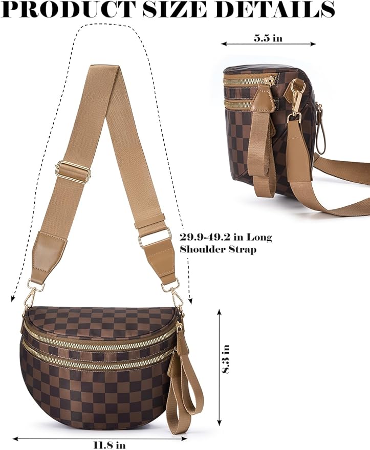 Black and White Checkered Crossbody Bag Bum Bag for Women,Spacious Checkered Purse Fanny Packs Belt Bag