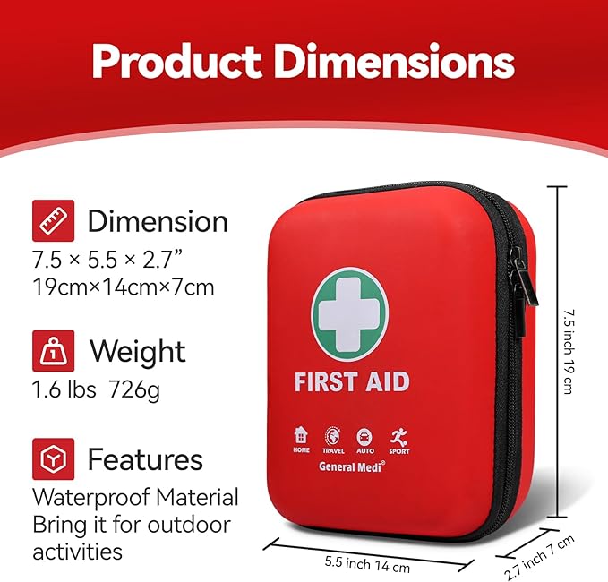 General Medi First Aid Kit - 170 Pieces Hard Case and Lightweight - Great for Travel, Home, Office, Vehicle, Camping, Workplace & Outdoor (Red)