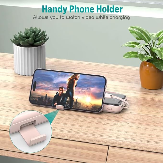 Portable Charger with Built in Cables,10000mAh Slim USB C Power Bank,5 Output 3 Input LED Display High Speed External Battery Pack Travel Phone Charger for iPhone Samsung Pixel LG Moto iPad,Pink