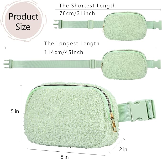 Fleece Fanny pack with Adjustable Strap for Women and Men Crossbody Bag Bum Bag, Waist Pack for Hiking Workout Sports Travel Light Green