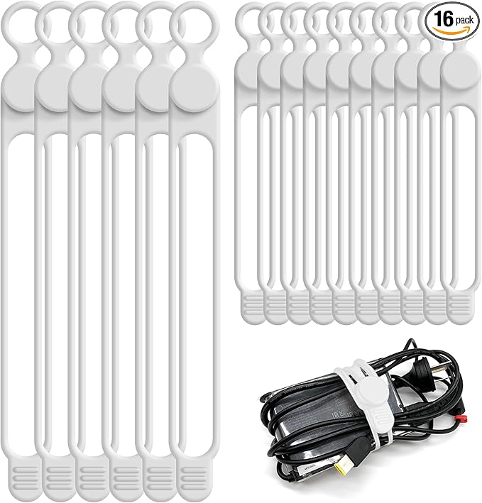 Silicone Cable Ties Cord Organizer for Cable Management, 16PCS 4.2" and 7.1" Reusable Cable Organizer Electronic Accessories for Home, Office, Kitchen, School, Travel (White)
