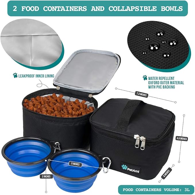 PetAmi Dog Travel Bag, Travel Pet Bag Organizer, Dog Food Travel Bag with Container Collapsible Bowls, Pet Travel Supplies Gift Accessories for Weekend Camping, Puppy Cat Diaper Bag, Black Medium