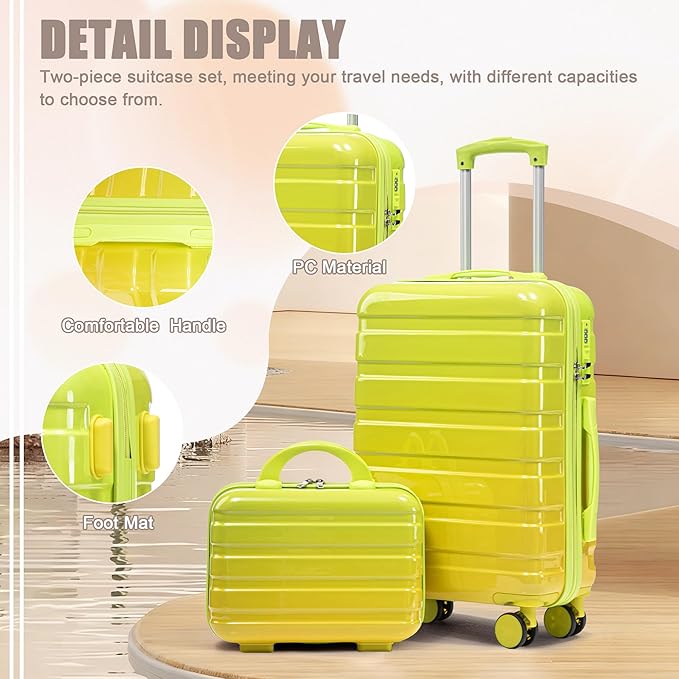 Kids Luggage Sets for Girls, 2 Piece Luggage Set, 20 Inch Rotating Wheel Suitcase with 14 Inch Cosmetic Case, Lightweight Hardshell Suitcase with 360° Spinner Wheels for Travel (Yellow-1)