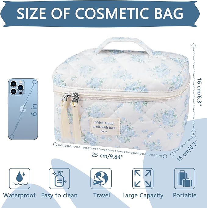 Gosect Large Travel Quilted Makeup Bag for Women,Big Floral Cotton Cosmetic Bag, Cute Coquette Aesthetic Floral Toiletry Organizer Bag (Blue Rose)