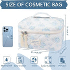 Gosect Large Travel Quilted Makeup Bag for Women,Big Floral Cotton Cosmetic Bag, Cute Coquette Aesthetic Floral Toiletry Organizer Bag (Blue Rose)