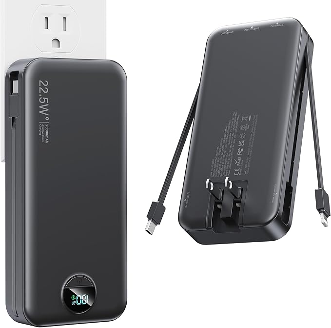Portable Charger, 20000mAh 22.5W Fast Charging Power Bank with Built-in Cables & Wall Plug, USB C External Battery Pack with LED Display, Travel Essentials Phone Charger for iPhone iPad Samsung Black