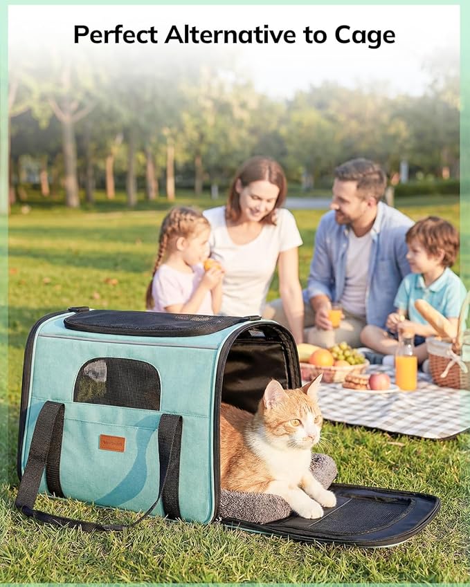 Morpilot Cat Carrier - Cat Carrier Soft for Medium or Large Cats up to 20lbs, with Dual-Sided Cushion, Secure Buckle and Foldable Bowl, Dog Carriers for Small Dogs - Pet Carrier (Green)