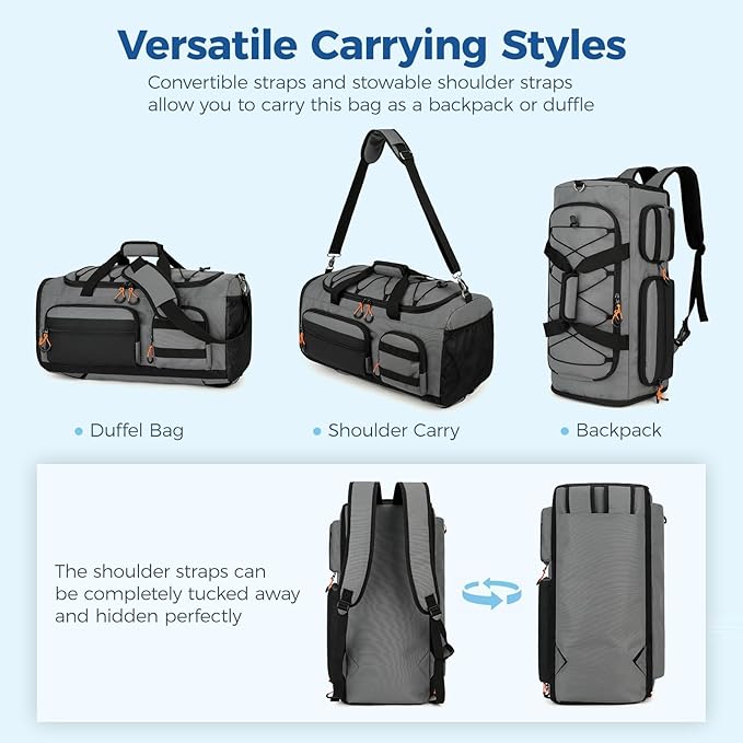 Searock 45L Gym Bag for Men, 3-In-1 Duffle Bag Backpack for Travel, Sports Duffel Bags for Gym Workout, Weekender Overnight Bag with Shoe Compartment, Wet Pocket, Dark Gray