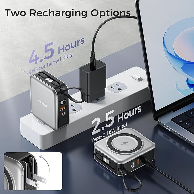 6-in-1 Magnetic Wireless Portable Charger 10000mAh – 22.5W Fast Charging with AC Wall Plug Built-in USB-C & Lightning Cables for iPhone 17/16/15/14/13/12, Android & Samsung(Silver)