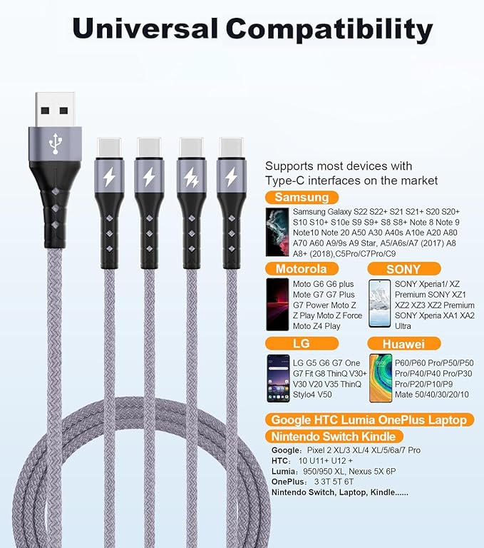 SIQIWO Multi USB C Cable Fast Charging, [4FT/2 Pack] QC 3.0(3A) USB C Splitter Cable, 4 in 1 Charger Cord with 4 Type C Ports, for iPhone 17/16/15 Series, iPad Air/Pro, Samsung Galaxy S25, Pixel, PS5