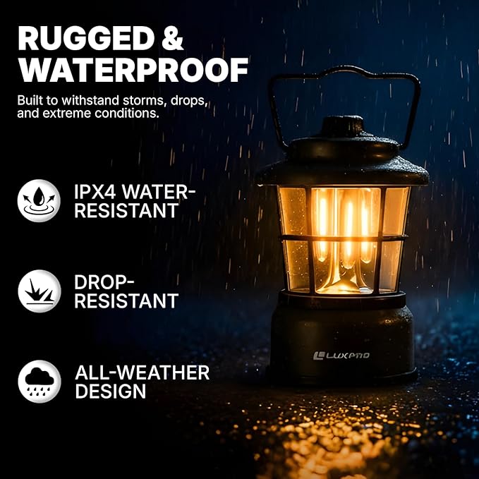 LUXPRO Retro LED Lantern - Battery-Powered Emergency Lantern - Water Resistant - Bright LED Lamp for Indoor & Outdoor Use - Use for Tents, Hiking or Hurricane Prep (Black, Pack of 1)