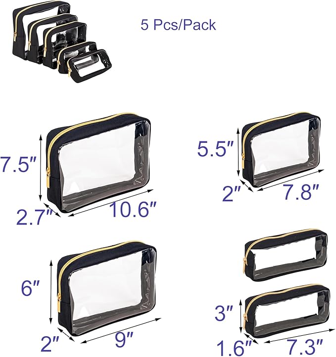 Remobia Hicol TSA Approved 5-Piece Diaper Bag Organizer Pouch Set Clear Waterproof TPU Kids Toiletry Storage Set Travel Packing Clutch Cube Bags for Baby Nursing(Black)