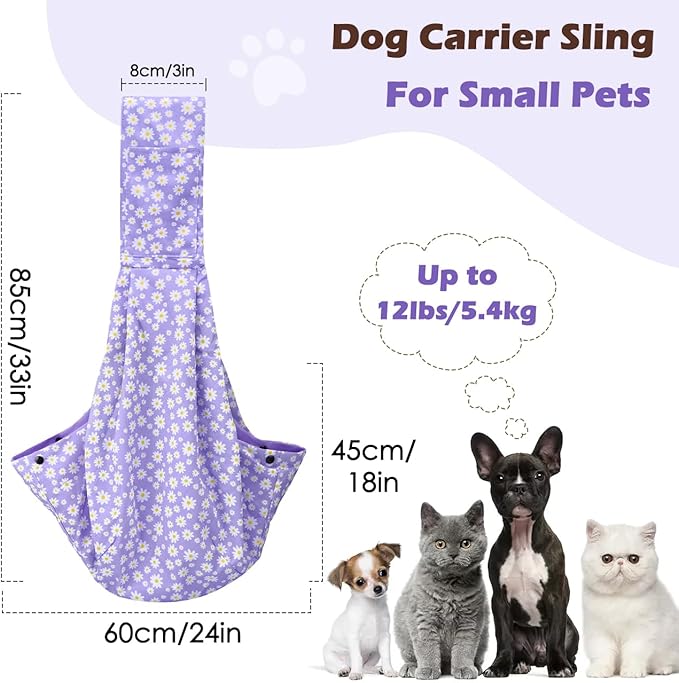 Pawaboo Small Dog Sling Carrier, Reversible Hands Free Dog Sling Carriers for Small Dogs and Cats, Puppy Slings Carrier with Safety Harness, Puppy Essentials, Purple Daisy