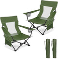 HaSteeL Folding Beach Chair Set of 2, Foldable Green Camping Chairs for Outside, Low Beach Chair Portable for Adults Fishing, Picnic, Outdoor BBQ, Travel, Sports, Cup Holder & Storage Bag
