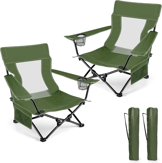 HaSteeL Folding Beach Chair Set of 2, Foldable Green Camping Chairs for Outside, Low Beach Chair Portable for Adults Fishing, Picnic, Outdoor BBQ, Travel, Sports, Cup Holder & Storage Bag