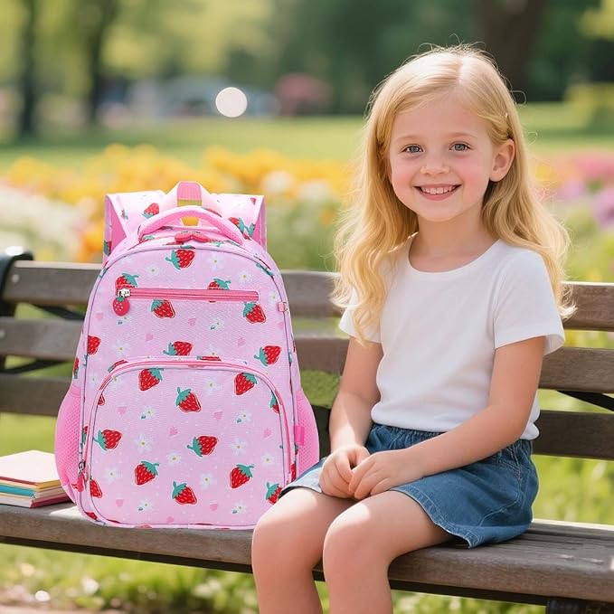 RHCPFOVR Kids Backpack for Girls - Girls Backpack 3-8 Ages Strawberry for Kids 15 Inch School Bookbag for Kindergarten Elementary School Bookbag for Girl 1st 2nd Grade
