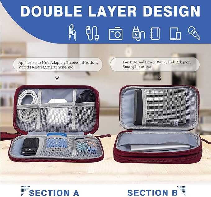 CAAORDKSO Electronic Organizer Travel Case, Cord Organizer Travel Cable Organizer Bag, Tech Pouch Accessories Carry Storage for Travel Essentials, Backpack, Business, Daily Commute (Wine Red,Large)