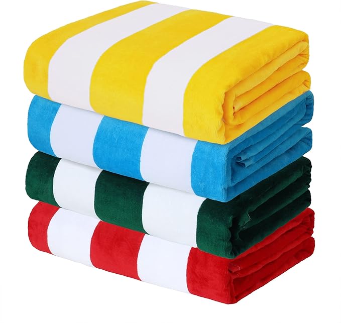 Exclusivo Mezcla 4 Pack Cotton Oversized 35x70 Inches Soft Cabana Stripe Thick Beach Towel, Super Absorbent Travel Bath Pool Towel (Sky Blue/Forest Green/Yellow/Red)