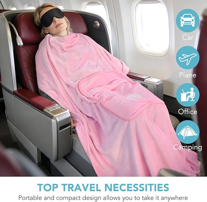 SINLAND Travel Pillow and Blanket 2-in-1 Set,Airplane Packable Bag,Soft and Lightweight Plane Flight Car Trips Travel Essentials Gift,Hand Luggage Sleeve and Backpack Clip,60x50 Inch Pink