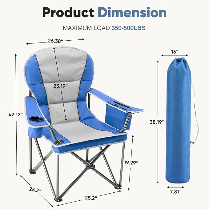 NEWBULIG Oversized Folding Camping Chair for Adults, Portable Outdoor Collapsible Chairs, 500 LBS Heavy Duty Support, with Cup Holders, for Lawn, Fishing, Hiking, Blue