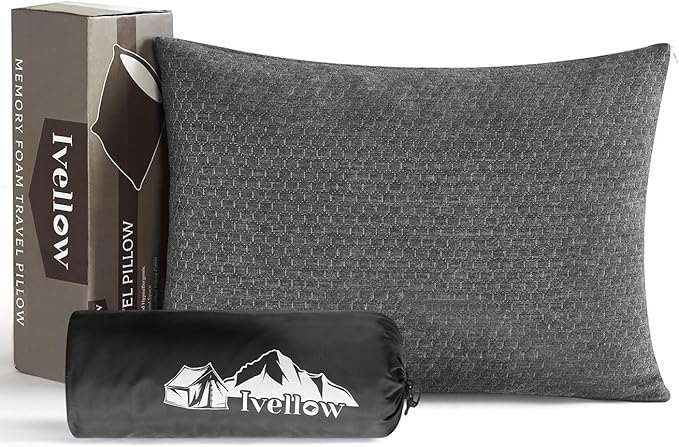 Ivellow Travel Pillow Camping Pillow for Sleeping Small Shredded Memory Foam Pillow Compressible Compact Medium Firm, Soft Breathable Cover,Supportive for Outdoor Car Backpacking Hiking Essential Gear