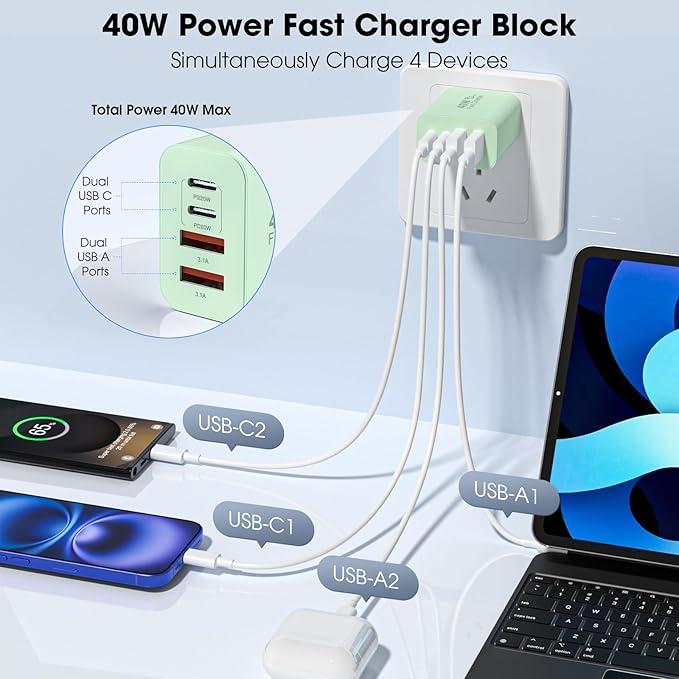 USB C Charger Block, 2 Pack 40W 4-Port iPhone Charger Fast Charging Multiport PD 3.0 & QC 4.0 Double Quick Charge, Compatible with iPhone 17/16/15/14/13/12/11，Pro Max，iPad, Samsung (2, Light Green)