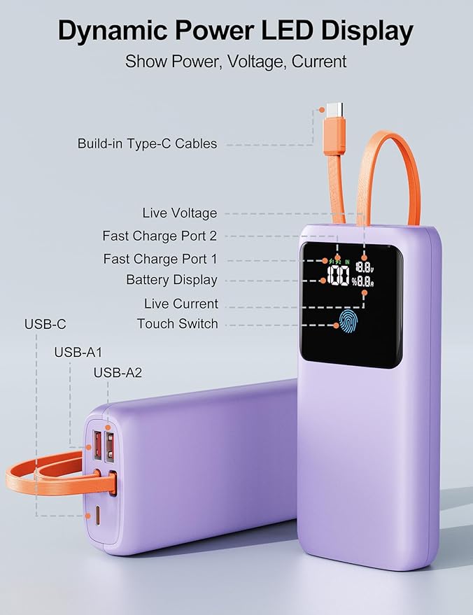 Laptop Power Bank, 24000mAh 65W Fast Charging Portable Charger with Built-in Cable, USB C Battery Pack with LED Display, Travel Essential External Battery Bank for Macbook/Notebook/Tablet/Phone Purple