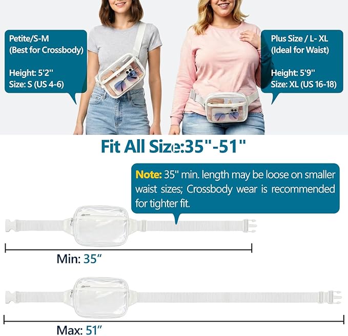 Veckle Clear Fanny Pack Stadium Approved - Plus Size 35-51 Inch Adjustable Strap Transparent Belt Bag for Women Fits 7.5" Smartphone, Clear Bag for Stadium Events Concerts, 2-Pack, 1 Black & 1 White